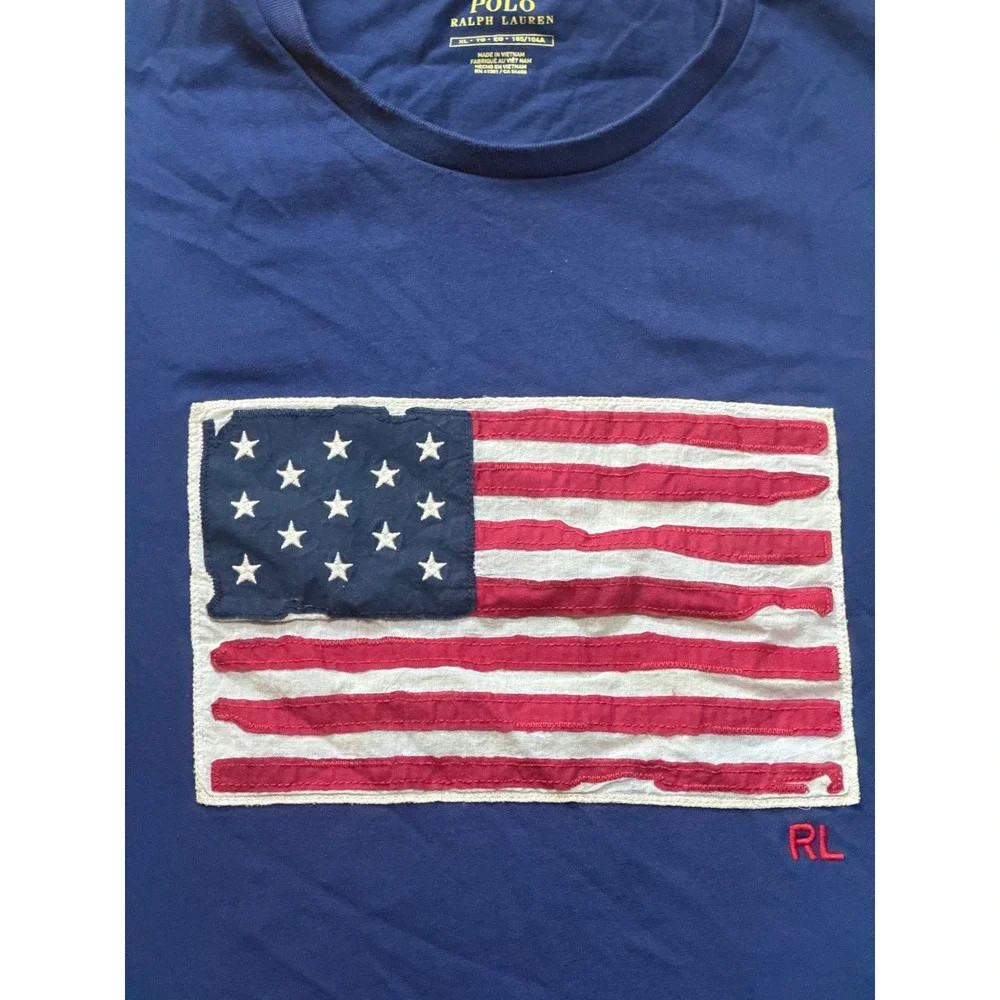Polo Ralph Lauren Mens XL Navy Blue American Flag Patch T-Shirt Distressed RL